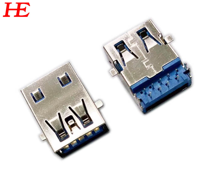 USB 3.0 A/F 沉板DIP H=4.46 無卷邊前貼后插 藍LCP 銅殼鍍鎳 半金G/F 卷裝
