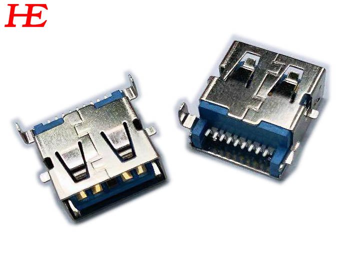 USB3.0 A/F 沉板SMT H=3.5 藍膠芯/ 腳距6.95 銅殼腳前貼后插（方腳）