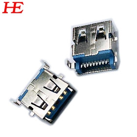 USB3.0 A/F 沉板SMT H=3.5 藍膠芯/ 腳距6.95 銅殼腳前貼后插（方腳）